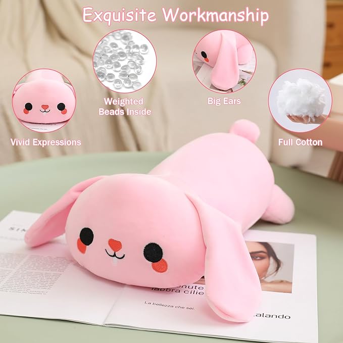 SQEQE Weighted Bunny Plush, Weighted Bunny Stuffed Animal, Cute Plushies Soft Pink Pillow Toy Gift for Kids Adults 9.8 Inch, 0.8 Lbs
