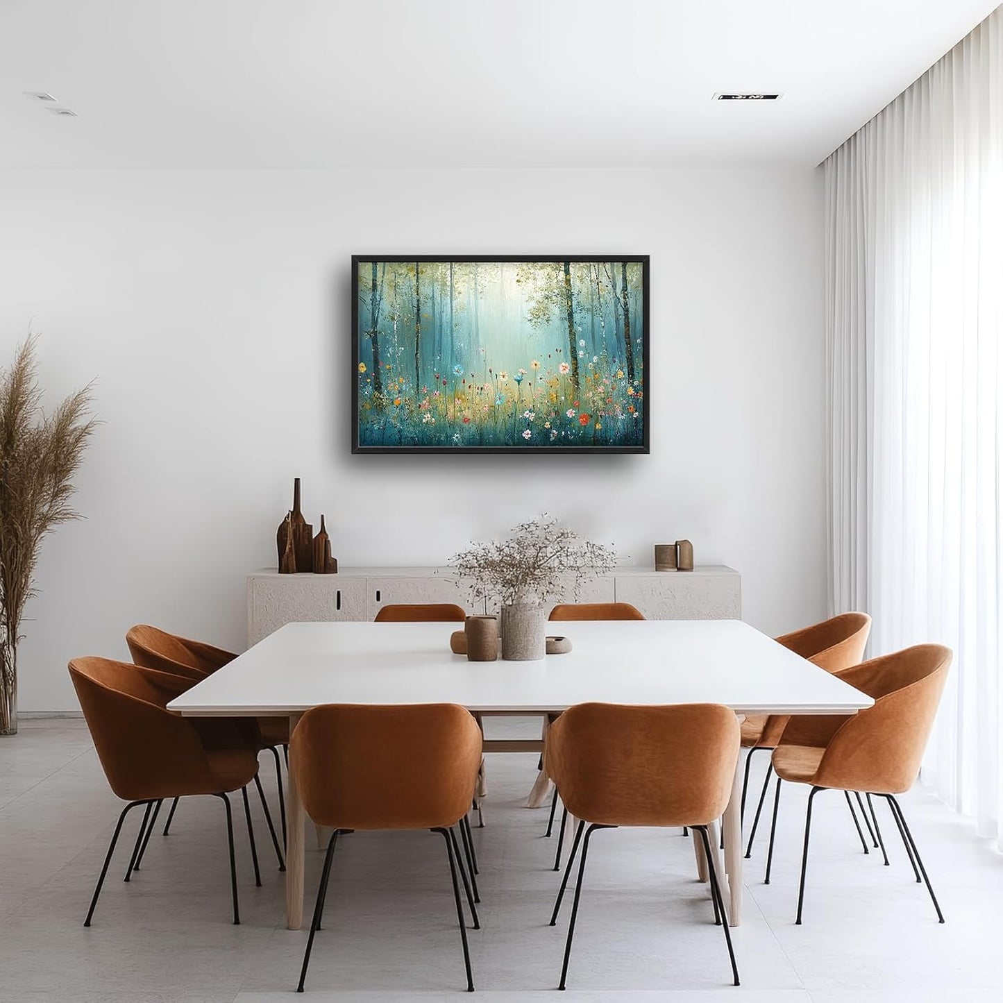 Large Forest Tree Wall Art for Living Room, Framed Oversized Wildflowers Wall Decor, Foggy Landscape Canvas Painting Modern Artwork Home Decoration for Dining Room Bedroom Office 36"x24"