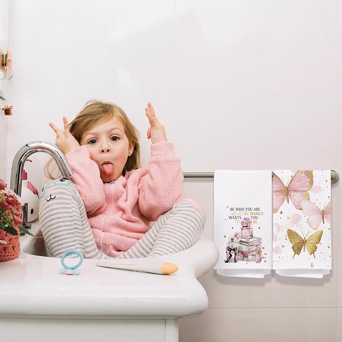 Pink and Gold Bathroom Decor Hand Towels Set of 2, Trendy Pink Fashion Floral Perfume Butterfly Decorative Hand Towels for Bathroom, Inspirational Gifts for Women, 16x24 Inch