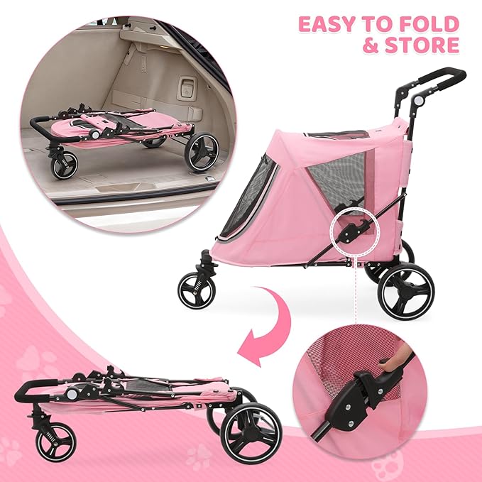 Magshion Pet Stroller for Medium Dogs w/Adjustable Handle, 3-Wheel Dog Cat Wagon w/Dual Entry, Rear Storage, Breathable Mesh, One-Foot Brake, Ideal for Large Pets up to 55 lbs, Pink
