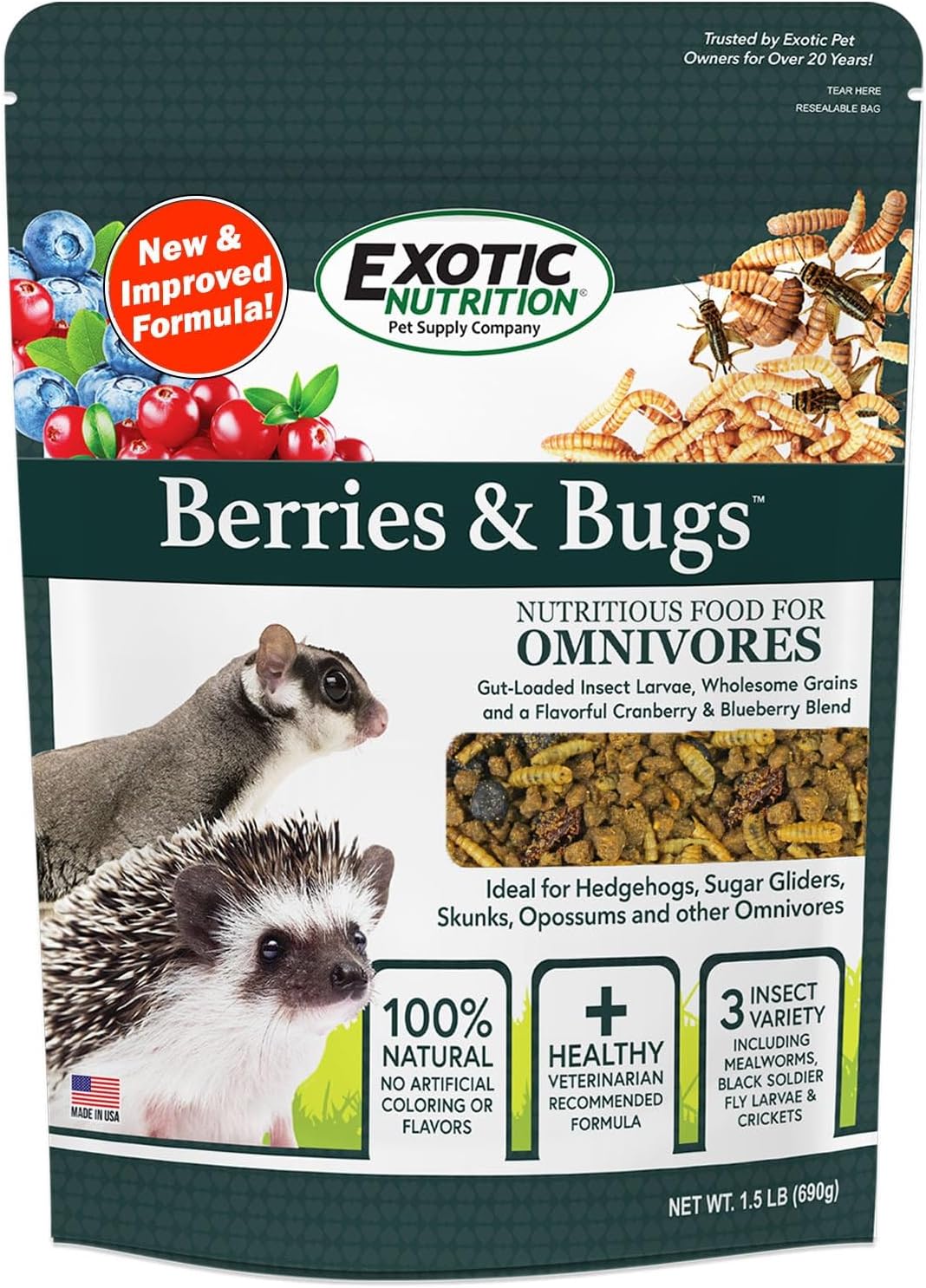 Berries & Bugs 1.5 lb - All Natural High Protein High Fiber Food for Hedgehogs, Skunks, Opossums, Sugar Gliders - Universal Insectivore Diet with Fruit, Gut-Loaded Insects, & Healthy Vitamins