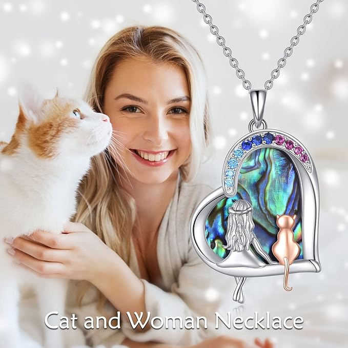 LUHE Cat Necklace Gifts 925 Sterling Silver Cat Heart Pendant Necklace Jewelry for Women Daughter