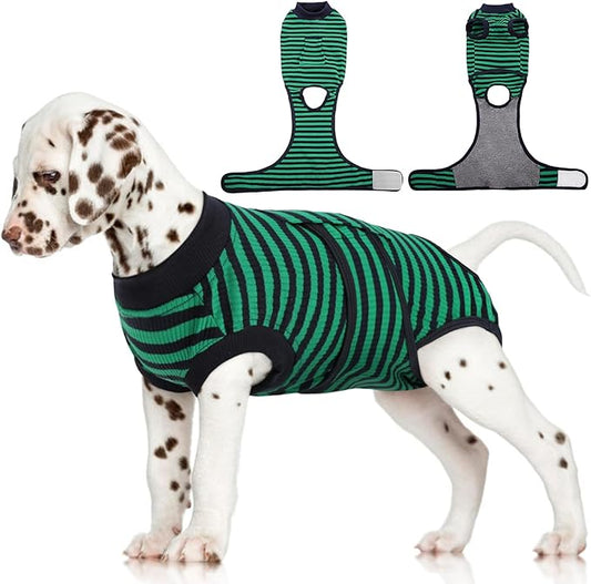 FUAMEY Recovery Suit for Dogs After Surgery,Soft Breathable Dog Bodysuit E-Collar & Cone Alternative Surgical Suit,Male Female Dog Neuter Spay Suits Anti Licking Wounds Onesie Green Black Stripes S