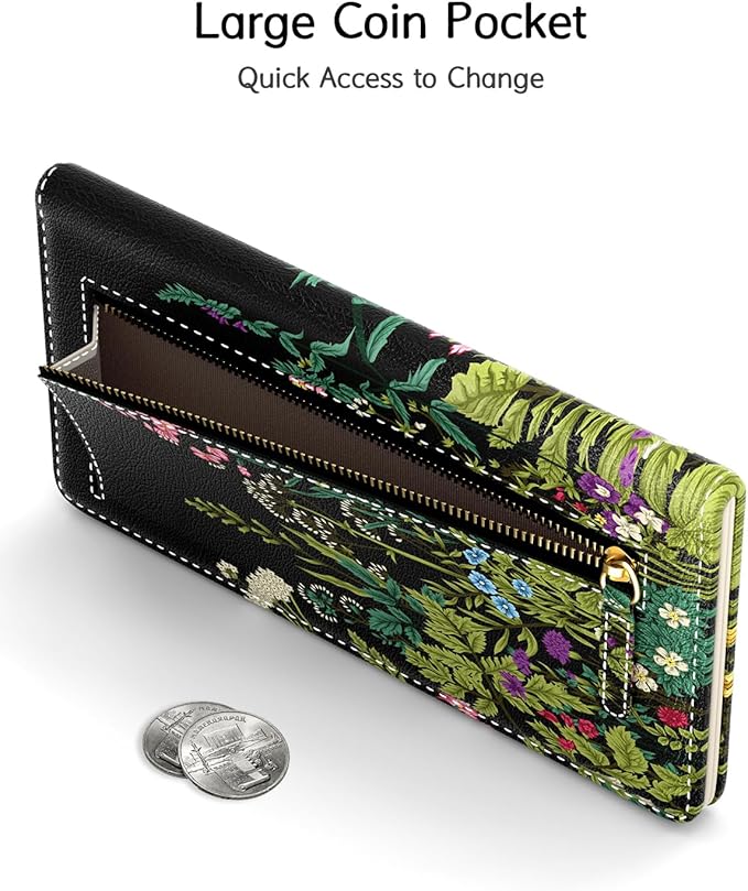 Nipichsha Womens Wallet, RFID Slim Wallets for Women, Thin Ladies Credit Card Holder Purse, Cute Leather Bifold Clutch Billfold with 11 Card Slots & ID Window, Dandelion