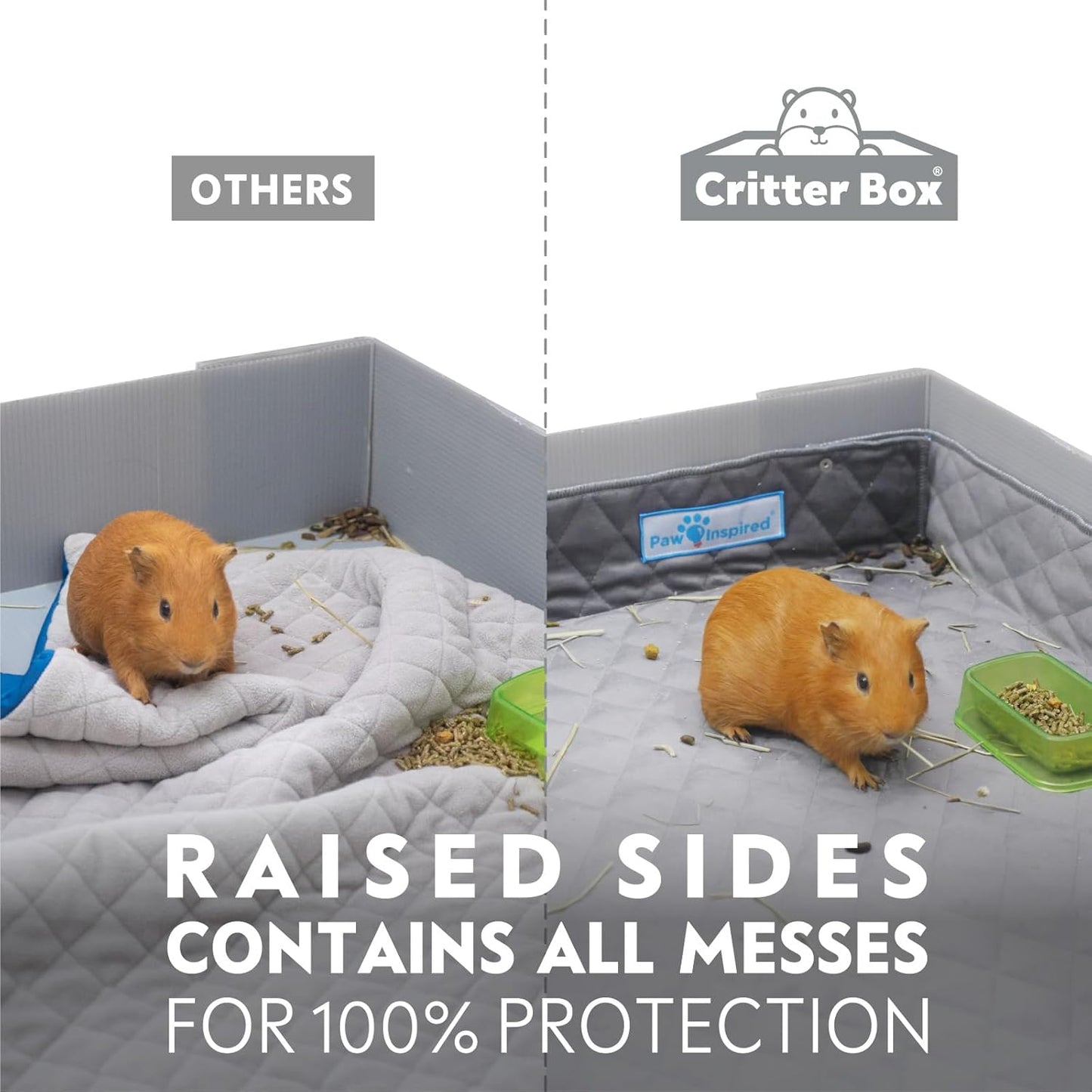 Paw Inspired Critter Box Washable Cage Liner with Raised Sides, Fleece Bedding with Waterproof Bottom, Edge Protected Pee Pads for Guinea Pigs, Rabbits, Hamsters, Small Animals (Midwest Size)