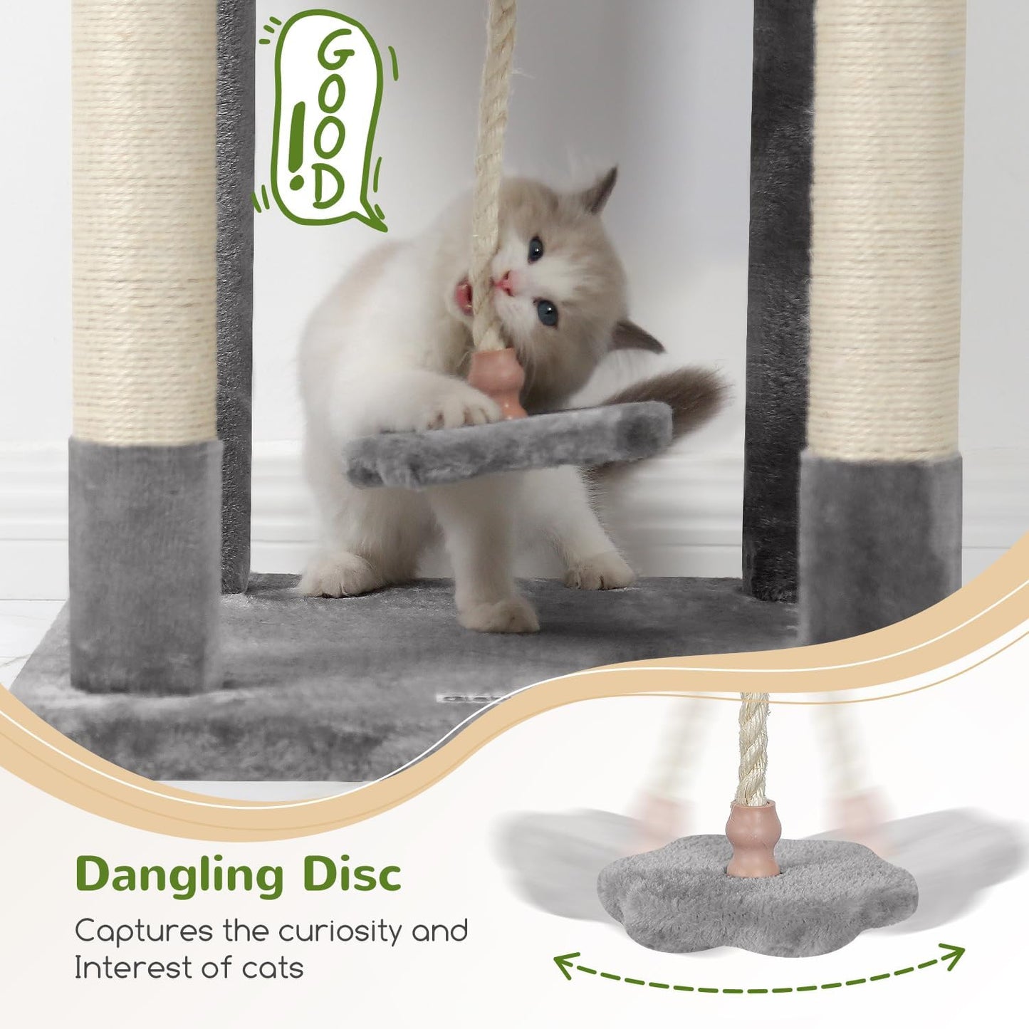 Globlazer Cat Tree, 70 inch Tall Scratching Tower Multi-Level Cat Condo for Indoor Multiple Cats with 2 Large Cat Caves, Top Perch, Large Platform, Bottom Swing, F70B, Light Grey