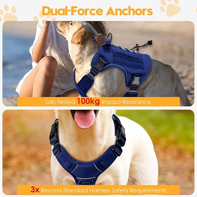 Heavy-Duty Tactical Dog Harness for Large Dogs, No Pull Adjustable Reflective Pet Vest with Molle System, K9 Military-Grade Control for Service Training, Outdoor & 10+ Breeds, Dazzling Blue, Large