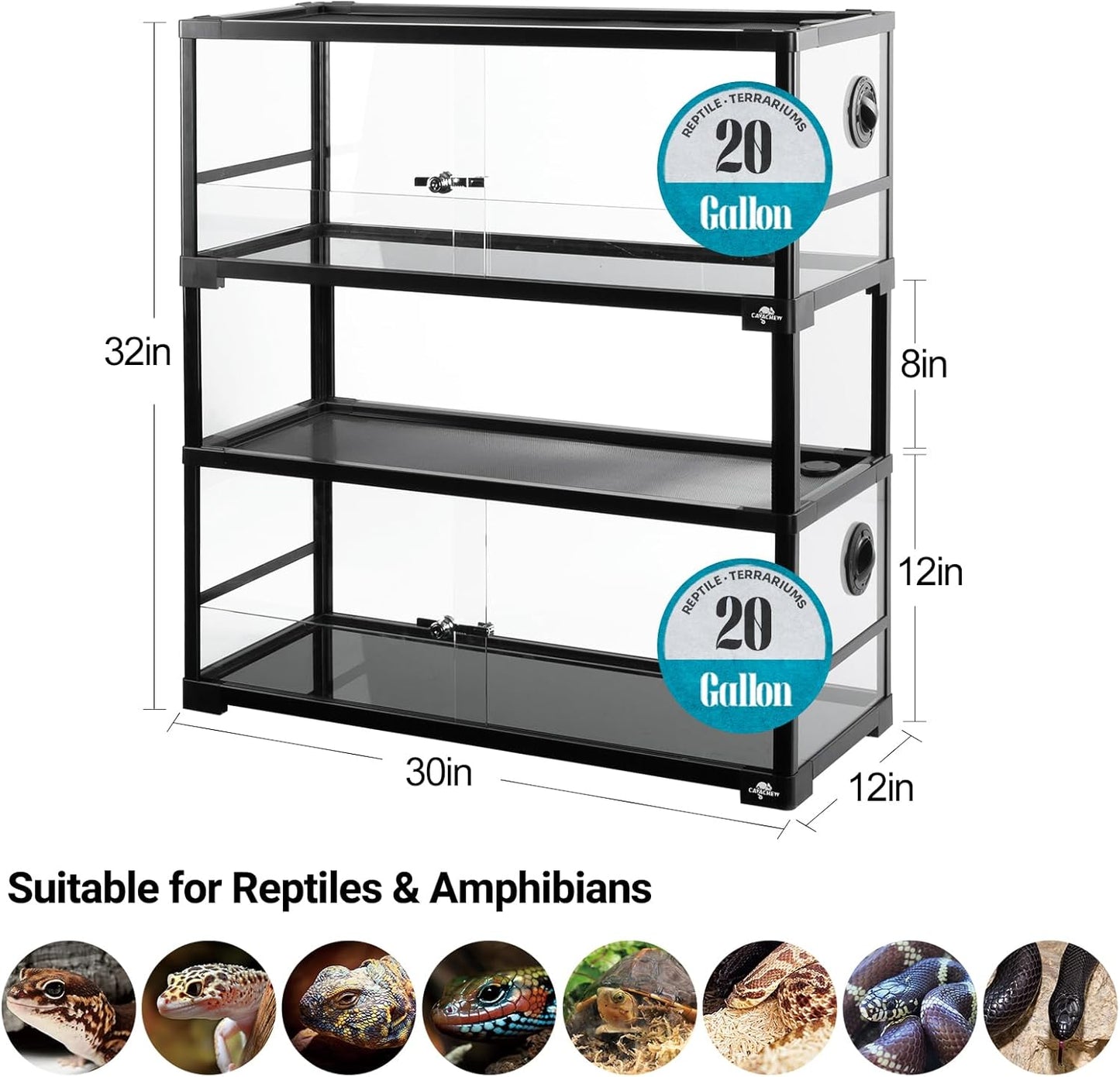Double Stacked Reptile Tank, 30" x 12" x 32" Tall Reptiles Terrarium, Front Opening, Full Vision, Knock Down, 2 Pack 20 Gallon Glass Cage for Reptile, Bearded Dragon, Lizard, Snake, Gecko