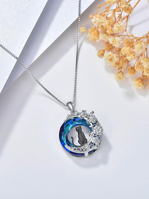 TOUPOP Cat Gifts for Women Sterling Silver Cat Necklaces with Circle Crystal Cat Lovers Jewelry Gifts for Women Girls Birthday Christmas