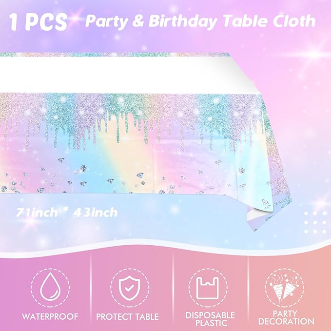 Iridescent Diamond Birthday Party Supplies Decorations, Disposable Holographic Paper Tableware Includes 20 Plates 20 Napkins and 1 Tablecloth for Girls Kids Birthday Theme Party, Serve 20
