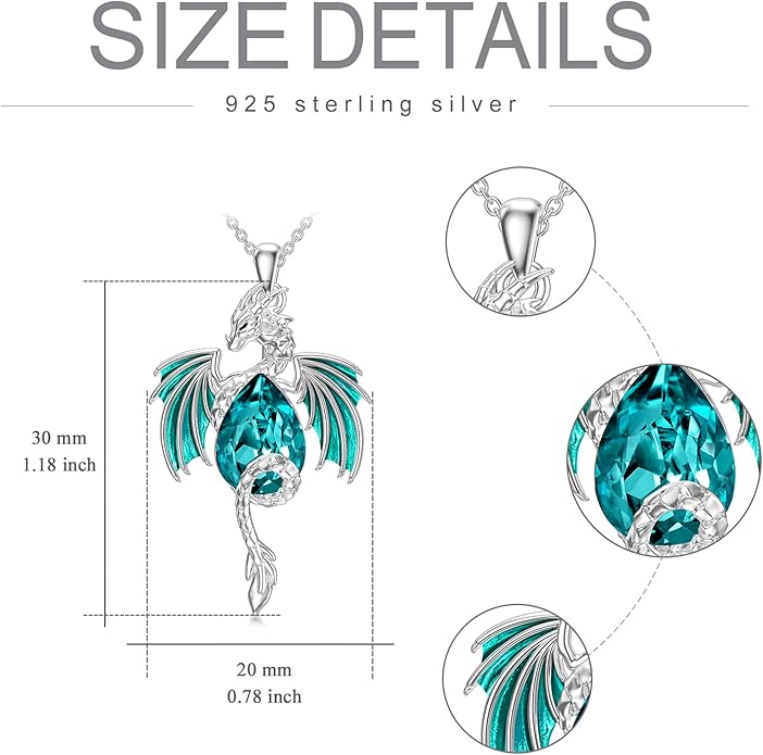Dragon Necklace for Men Sterling Silver Birthstone Wyvern Necklace Embllished with Teardrop Shaped Crystal Jewelry for Women
