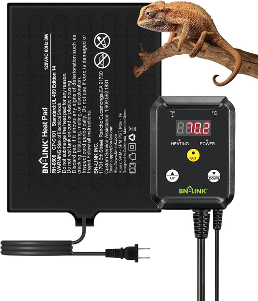 BN-LINK Durable Reptile Heating Pad 6" X 8" with Digital Thermostat Under Tank Heater Terrarium Warmer Combo Set for Turtles, Lizards, Frogs, and Other Reptiles