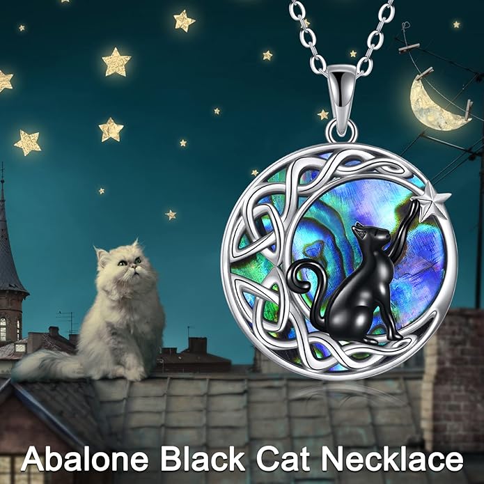 Celtic Moon Black Cat Necklace for Women - Abalone Tree of Life Sterling Silver Cat Lovers Jewelry