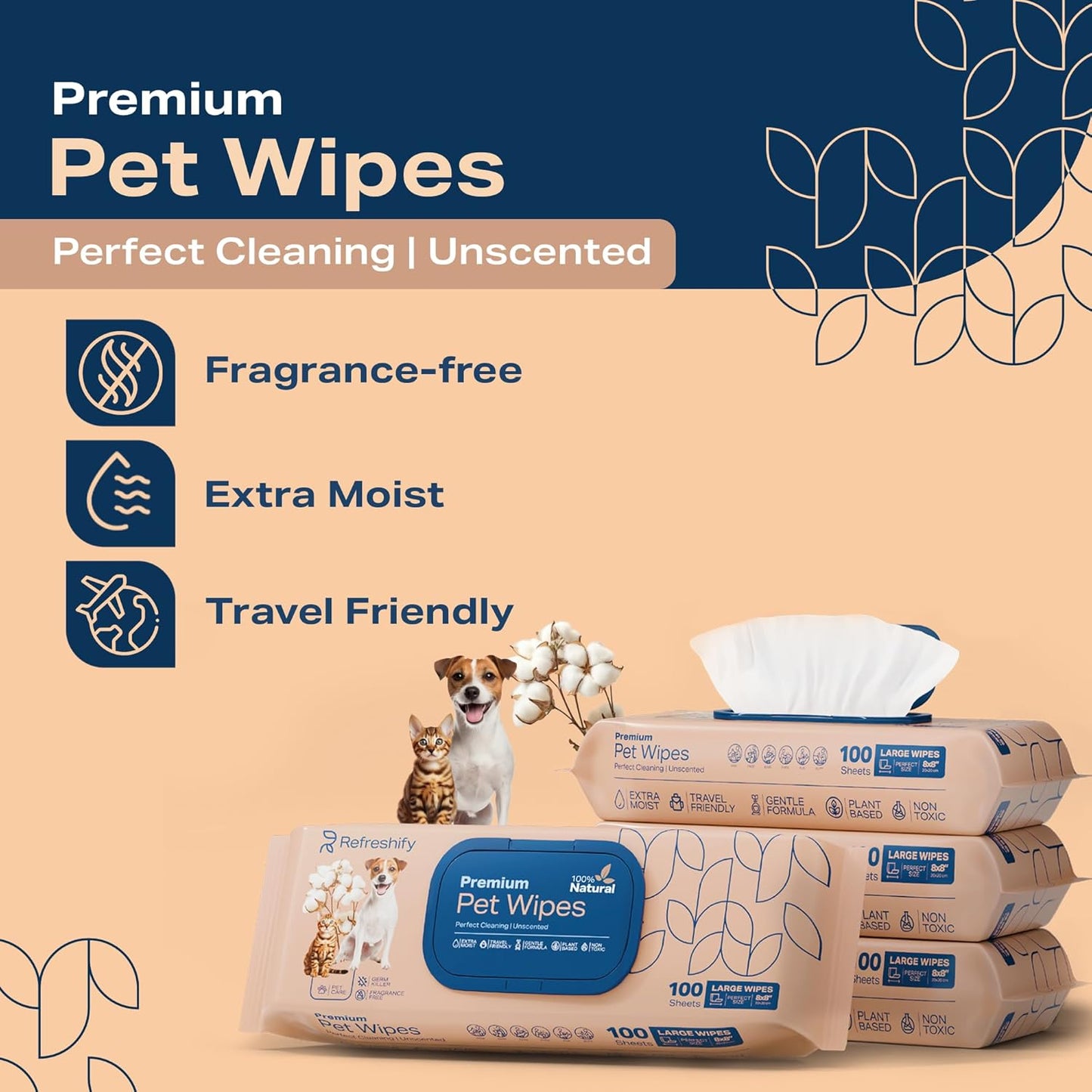 Pet Wipes for Dogs and Cats Plant Based – Unscented (Pack of 400) Dog Wipes for Paws and Butt - Deodorizing Non Toxic Dog Wipes, +12 Additional Travel Wipes