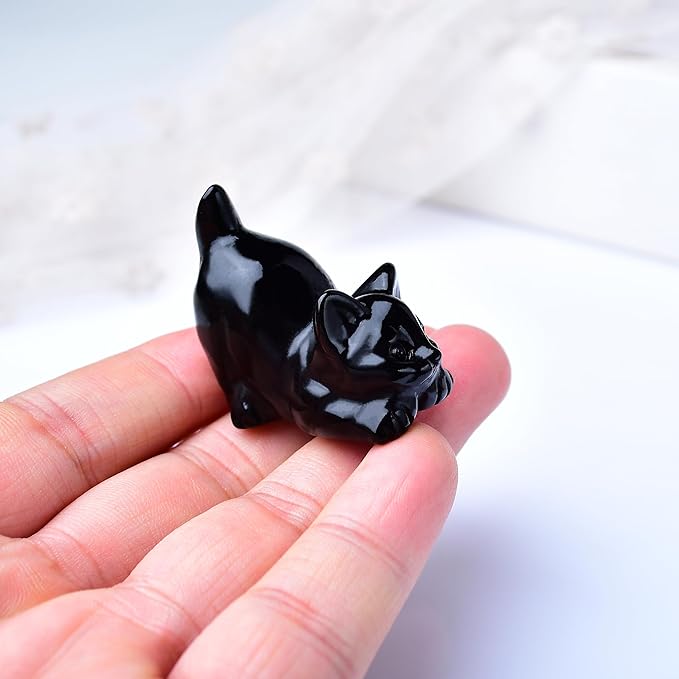 Obsidian Cat Crystal Statue Healing Crystal Reiki Meditation Pocket Gem Guardian Sculpture Home Study Table Desk Decor Collection Gift for Loved Ones