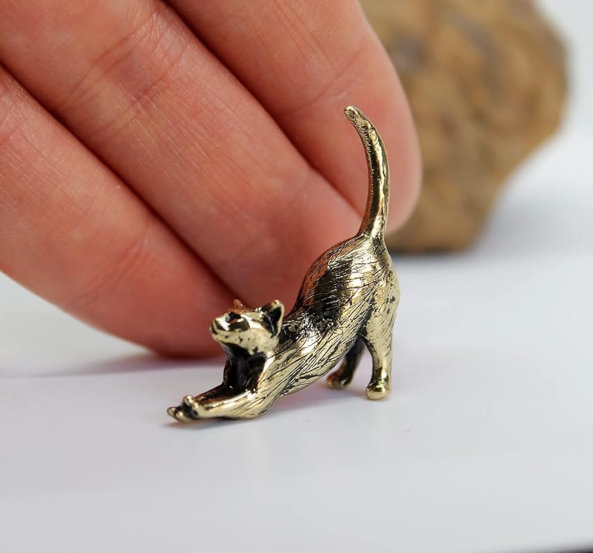 Stretching Cat Figurine Hand-Casted in Brass Small Kitten Miniature Collectible Gift for Cat Lovers Tiny Metal Decorative Trinket