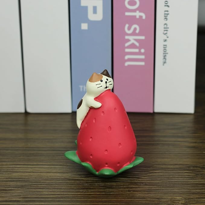 Cute Miniature Cat Figurine Resting on a Strawberry Resin Mini Cat Figures, Kitten Miniature Desk Accessories - Perfect Cute Cat Gift for Cat Lovers