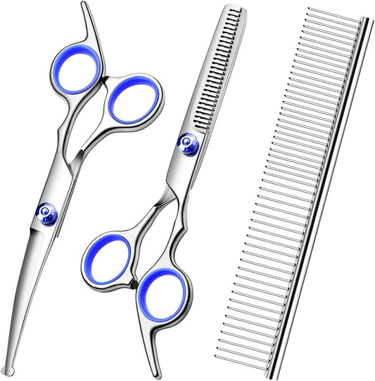 Professional Dog Grooming Scissors Kit, Titanium Coated Dog Scissors for Grooming, Grooming Shears Kit - Thinning, Curved Scissors and Comb for Dog Cat Pet (Blue 4 in 1)