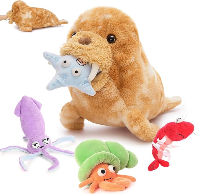 MorisMos 5Pcs Walrus Stuffed Animal Set,18'' Big Walrus Plush Toy with Crab,Lobster,Squid,Starfish Plushies,Bulk Marine Animal Gifts for Kid Girl Boy Ocean Lover Sea Animal for Birthday Christmas