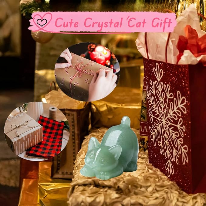 Green Aventurine Cat Crystal Statue Carved Room Decor Figurines for Natural Lazy Gemstones Home Sculpture Handcrafted Healing Stone Lucky Kitten Office Spiritual Gifts for Cat Lovers