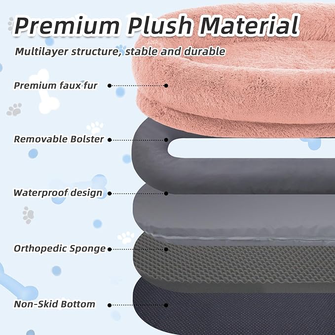 Human Dog Bed, 71''x45''x12'' Size Fits You and Pets, Washable Faux Fur Pet Bed for People Doze Off, Napping Orthopedic Dog Bed, Present Plump Pillow, Blanket, Strap - Pink