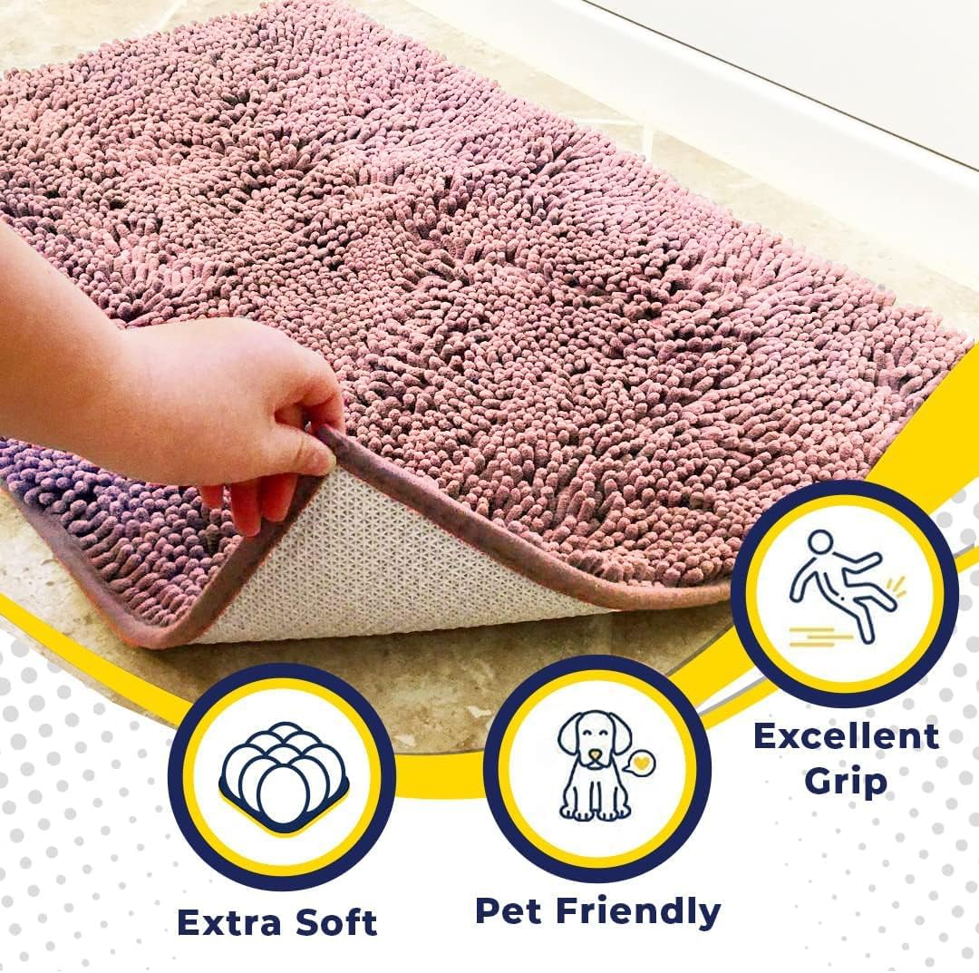 Muddy Mat® AS-SEEN-ON-TV Highly Absorbent Microfiber Door Mat and Pet Rug, Non Slip Thick Washable Area and Bath Mat Soft Chenille for Kitchen Bedroom Indoor and Outdoor - Light Pink 48" x 60"