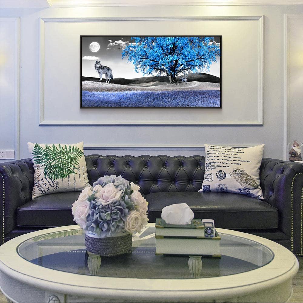 Frame Canvas Wall Art For Living Room Family Wall Decorations For Bedroom Modern Office Wall Decor Paintings Blue Tree Landscape Pictures Artwork Canvas Art Prints Home Decor Black Framed 24" X 48"