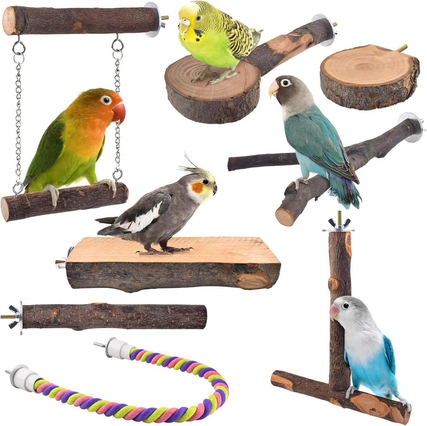 Bird Perches, 8pcs Natural Wood Parrot Perch Stand Chewing Toys Cage Accessories Hanging Multi-Branch Perch Platform Swing Toy Rope Perches for Small and Medium Parakeet, Conures, Budgies
