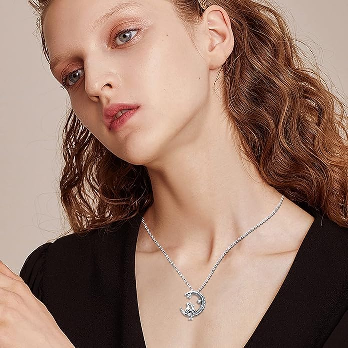 Odinstone Cat Necklace, S925 Sterling Silver Cat on Moon Pendant with Cubic Zirconia, Cat Jewelry Mothers Day Gifts for Mum with Gift Package - I Love You Forever