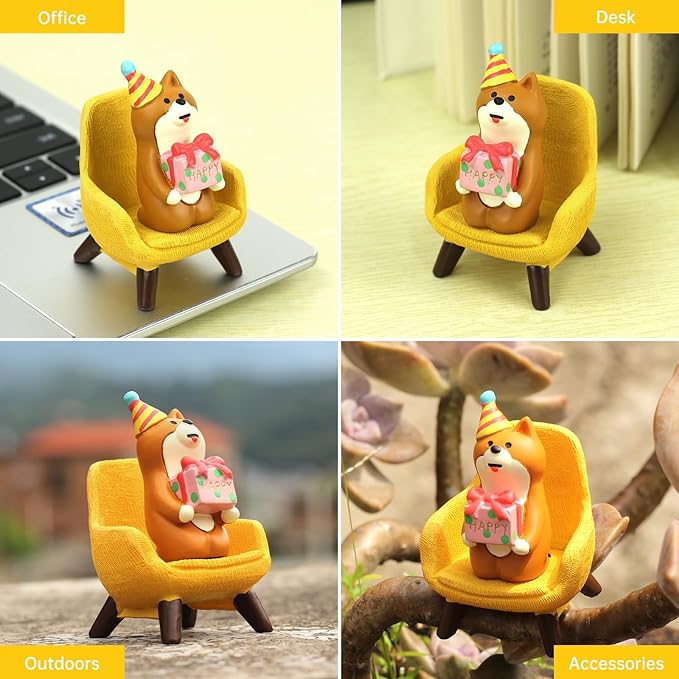 Cute Mini Puppy Holding Gift Figurine - Resin Dog for Office, Home Decoration for Dog Lovers - Yellow Sofa