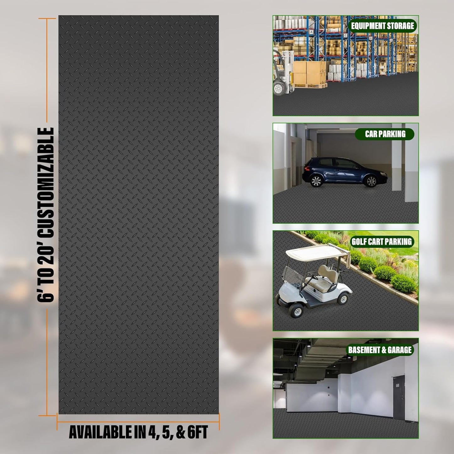 SEAL 6 x 15 Ft Premium Garage Floor Mat, Solid 2.8mm Thickened Black Commercial Grade Heavy Duty Parking Mat for Garage Floor, Golf Cart, Water/Stain Resistant Floor Runner (Embossed Diamond Plate)