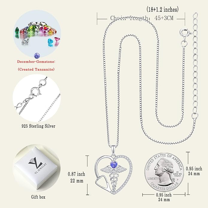 YL Caduceus Heart Necklace for Women Sterling Silver Doctor Nurse Themed Stethoscope Pendant Birthstone Angel Wings Snake Jewelry
