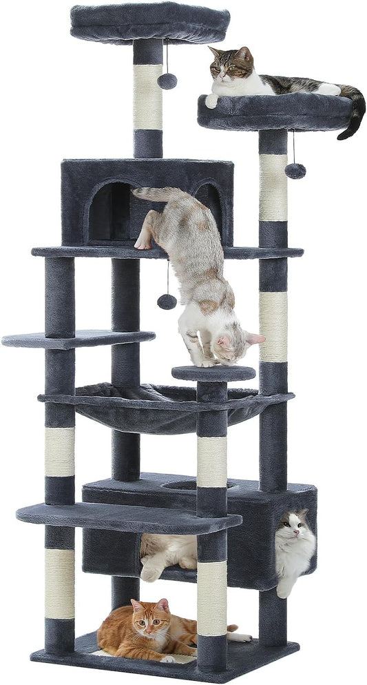 PAWZ Road Large Cat Tree, 72 Inches Cat Tower for Large Cats, Cat Condo with Sisal-Covered Scratching Posts and Pads, 2 Padded Perch, Dual Condo and Basket for Indoor Cats-Dark Gray