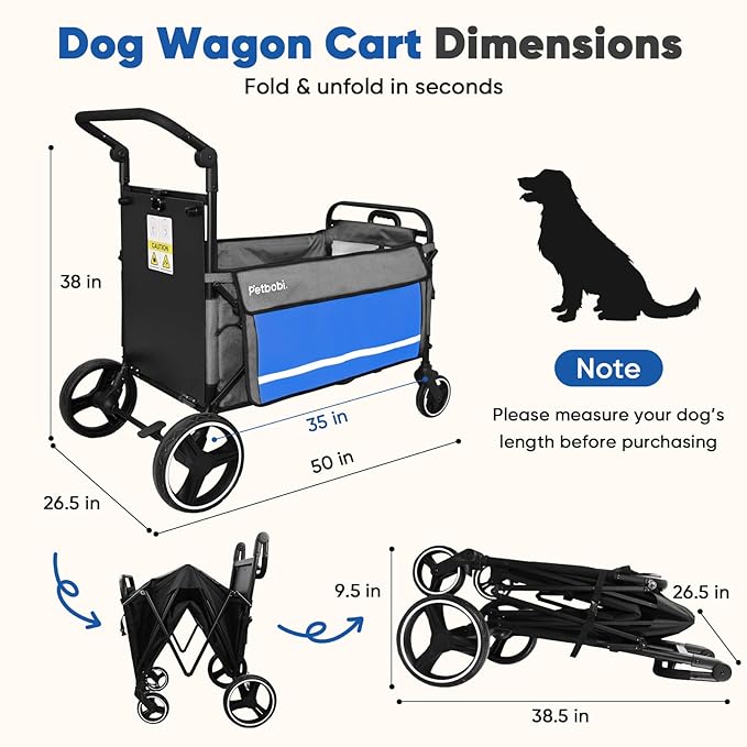 Petbobi Dog Wagon Stroller for Large & Medium Dogs - 2-in-1 Push-Pull Pet Stroller with Ramp, Foldable All Terrain Wagon Cart, One-Step Brake, Suitable for Outdoor Walks & Camping, Blue