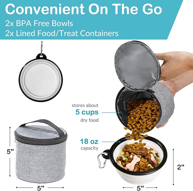 Dog Travel Bag with Treat Pouch, Airline Approved Dog Bags for Traveling, 2 Dog Food Travel Container, 2 Travel Bowls, Weekend Dog Travel Bag for Supplies, Dog Travel Kit Accessories
