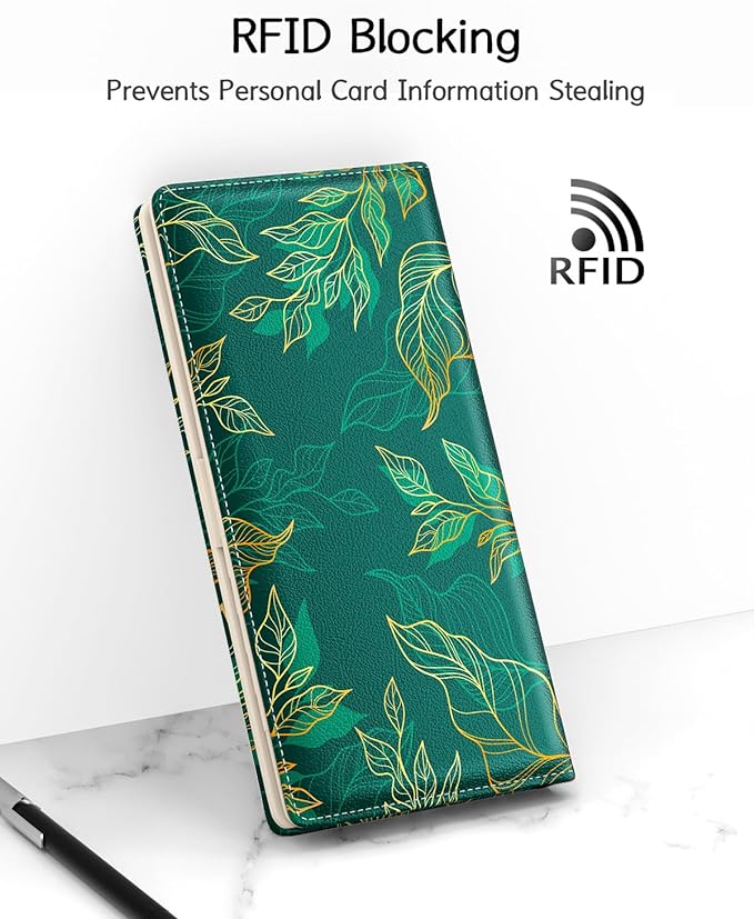 Nipichsha Womens Wallet, RFID Slim Wallets for Women, Thin Ladies Credit Card Holder Purse, Cute Leather Bifold Clutch Billfold with 11 Card Slots & ID Window, Luxury Green Leaf