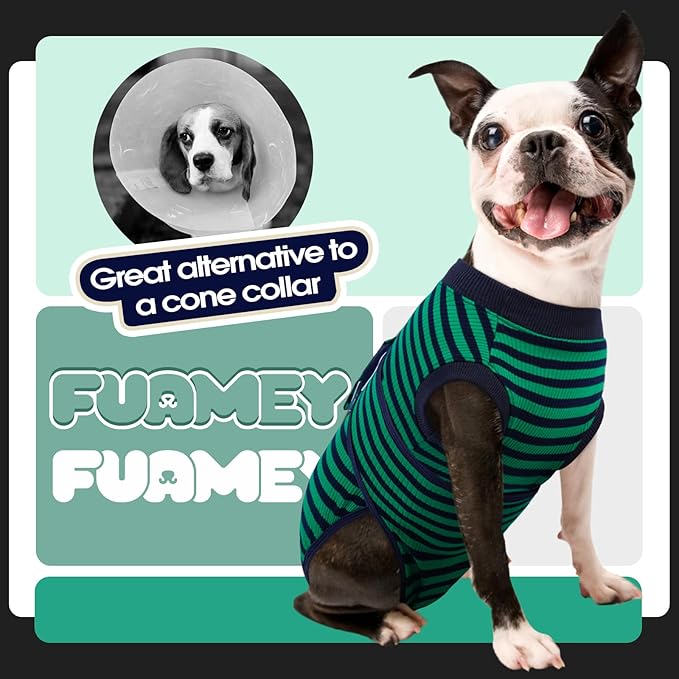 FUAMEY Recovery Suit for Dogs After Surgery,Soft Breathable Dog Bodysuit E-Collar & Cone Alternative Surgical Suit,Male Female Dog Neuter Spay Suits Anti Licking Wounds Onesie Green Black Stripes XL