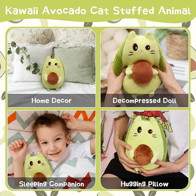 Cat Stuffed Animal Avocado Pillow,Cute Avocado Cat Plush Toys,Funny and Soft Green Kitten Plushie Stuffed Toy Gifts for Kids Boys Girls
