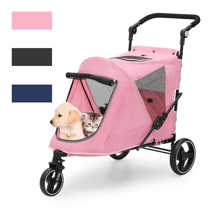 Magshion Pet Stroller for Medium Dogs w/Adjustable Handle, 3-Wheel Dog Cat Wagon w/Dual Entry, Rear Storage, Breathable Mesh, One-Foot Brake, Ideal for Large Pets up to 55 lbs, Pink