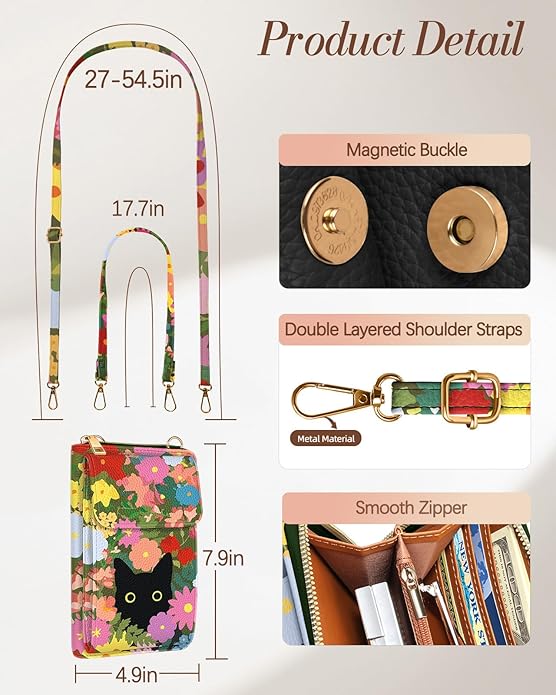 Cute Crossbody Purse Cell Phone Bags for Women - Leather Cellphone Wallet Purse with Handle Rope and Adjustable Shoulder Rope