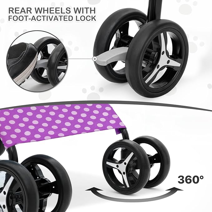 MoNiBloom 4 Wheels Pet Stroller, Easy-Fold Umbrella Shaped Dog Cat Jogger Stroller w/Storage Bag & Visible Mesh for Small/Medium Dogs Cats Purple Polka Dots