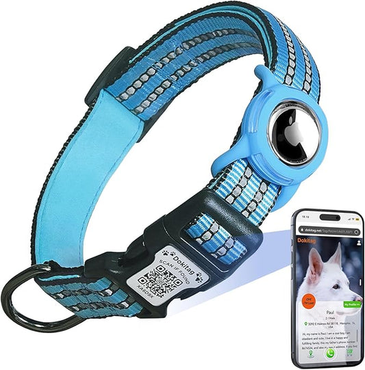 Reflective Dog Collar with Apple AirTag Holder & QR Code Pet ID Tag,Soft Nylon Adjustable Dog Tracker Collar with Safety Lock for Medium Dogs(Blue, M)