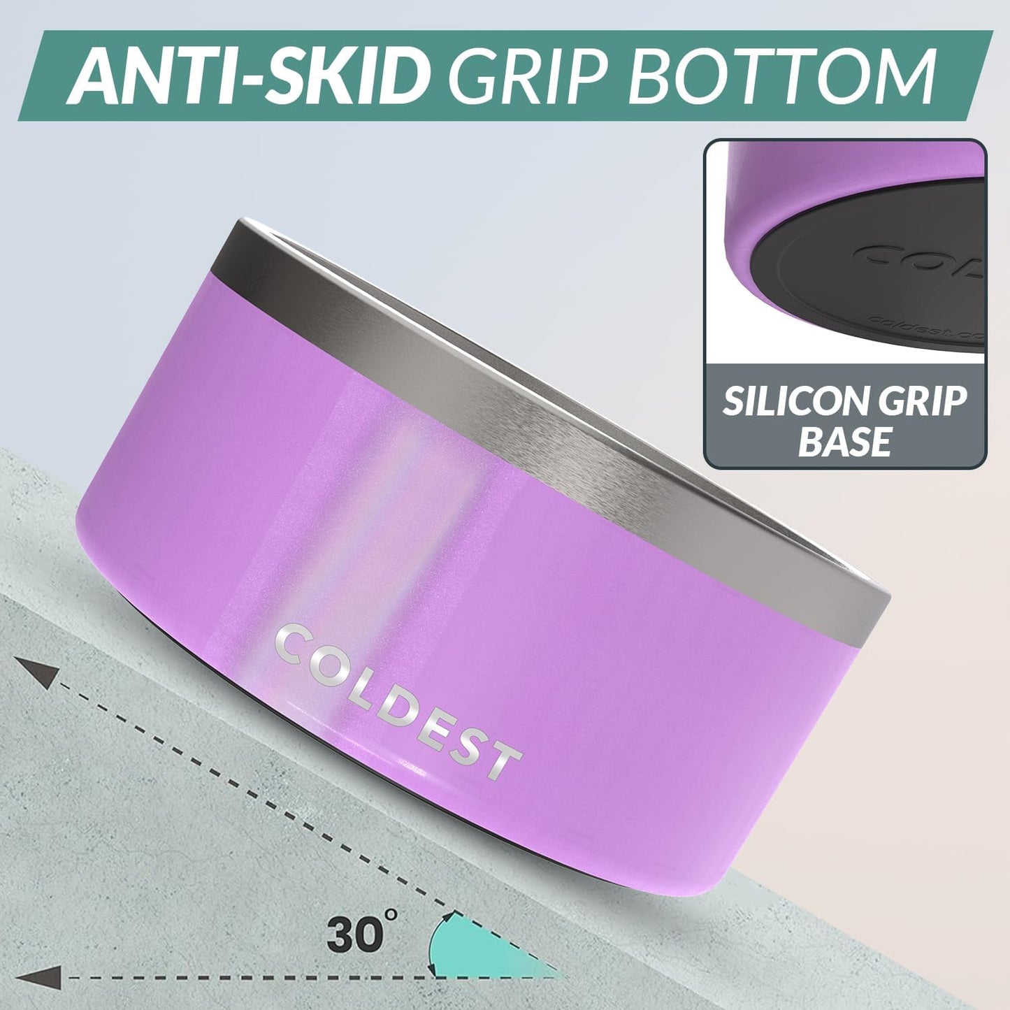 Coldest Dog Bowl - Anti Rust Metal, Non Slip, 3 Layers Insulated Stainless Steel Dog Bowls - Spill Proof & Heavy Duty - Water Bowl for Dogs, Cats, Dish Washer Safe (200 oz, Saturns Purple Glitter)