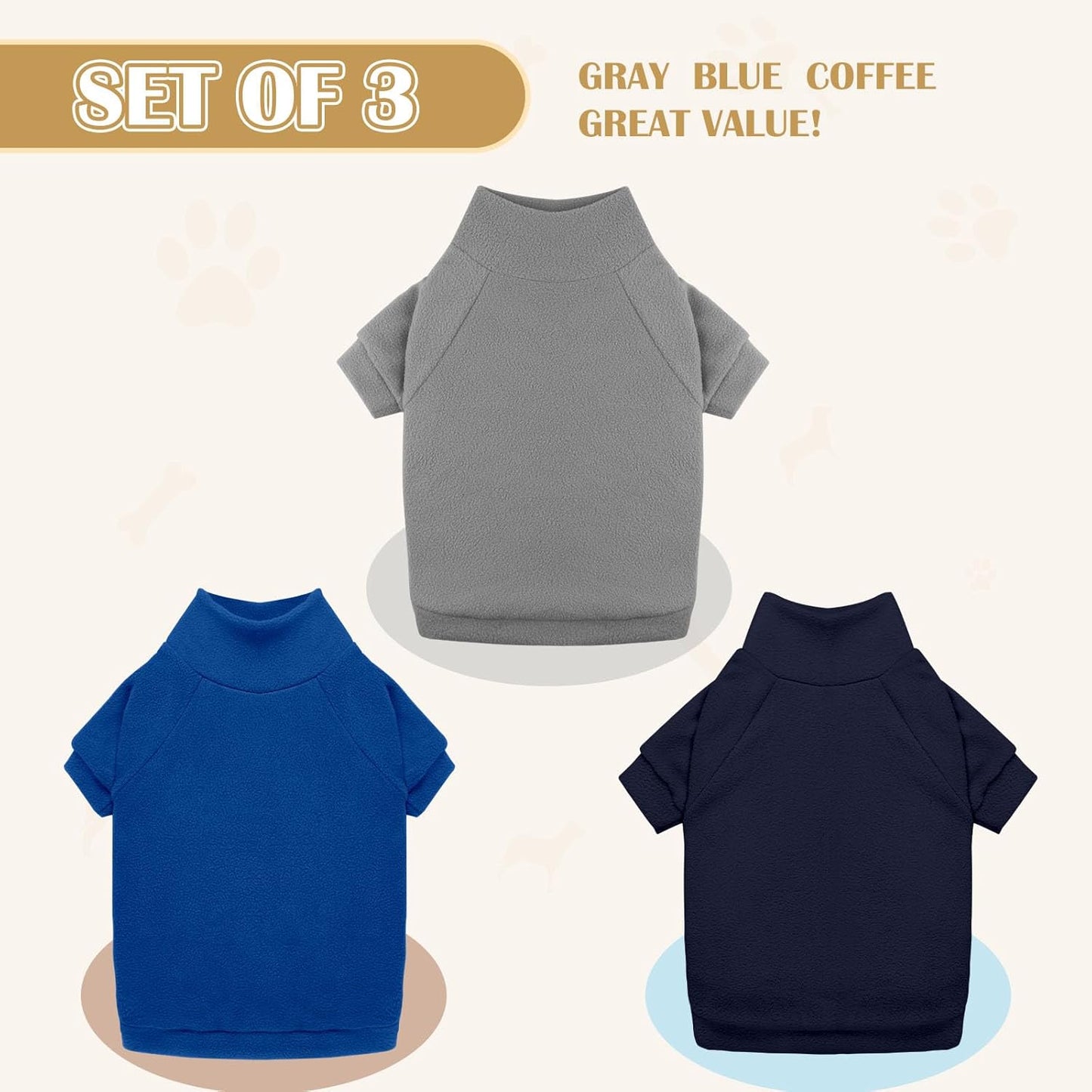 3 Pack Dog Sweaters for Large Dogs, Fleece Dog Sweater Large Pet Clothes Turtleneck Soft Warm Sweatshirt Boy Girl Pet(Gray+Royal Blue+Navy,XL)
