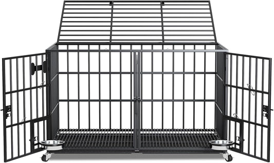 54 inch XL Dog Crate for Large Dog/Double Medium Dogs,Heavy Duty Metal Dog Cages,All Metal Open Top,Dog Kennel Indoor with Wheels,Floor Grid, Tray, Divider and Feeding Bowl