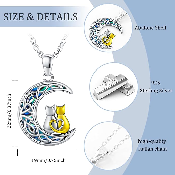 Odinstone Cat Necklace, S925 Sterling Silver Cat on Moon Pendant with Cubic Zirconia, Cat Jewelry Mothers Day Gifts for Mum with Gift Package - I Love You Forever