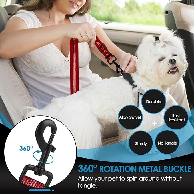 Lukovee Dog Seatbelt Leash for Cars, 2 Pack Pet Safety Seat Belt with Adjustable Buckle & Reflective Bungee, Connect Dog Harness in Vehicle Dogs Restraint Travel Daily Use (Red)