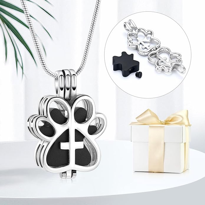 Pet Cremation Jewelry for Dog/Cat Paw Stainless Steel Memorial Locket Urn Necklace with Hollow Urn Cremation Jewelry for Ashes