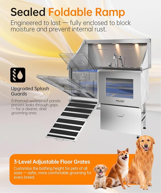polimo Dog Washing Station, LED Professional Stainless Steel Dog Bathing Station 38", Dog Grooming Tub for Large, Medium & Small Dog - with Window, Ramp, Drawer, Floor Grate & Faucet (Left RAMP, 38")