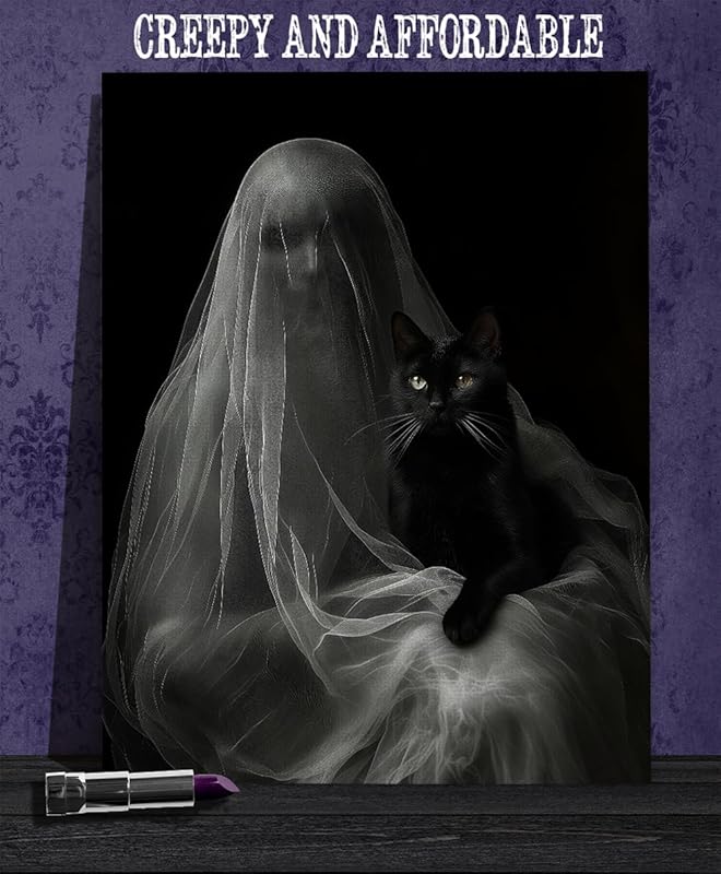 Ghost with a Black Cat Halloween Poster - Dark Academia Gothic Home Decor, Eerie Mystery Figure Art Print for Halloween Enthusiasts and Unique Wall Art Collectors (Unframed Print Poster, 28" x 36")